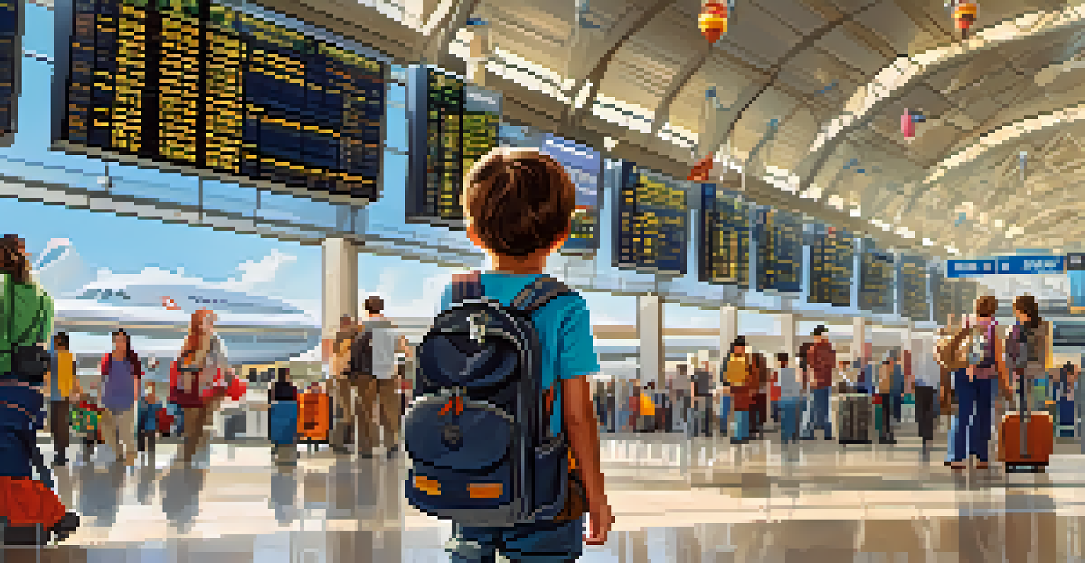 A child with an ID bracelet in a busy airport, gazing at a departure board surrounded by travelers.