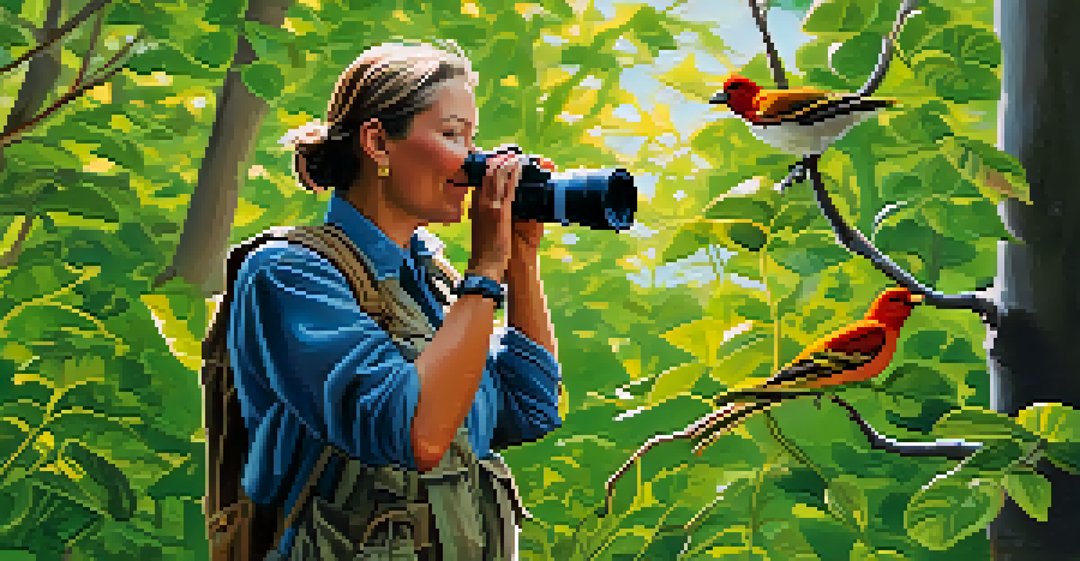 A birdwatcher using binoculars to observe a colorful songbird in a lush national park environment.
