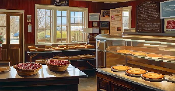 A warm and inviting interior of a pie shop with cherry pies on display, wooden decor, and family photos adorning the walls.