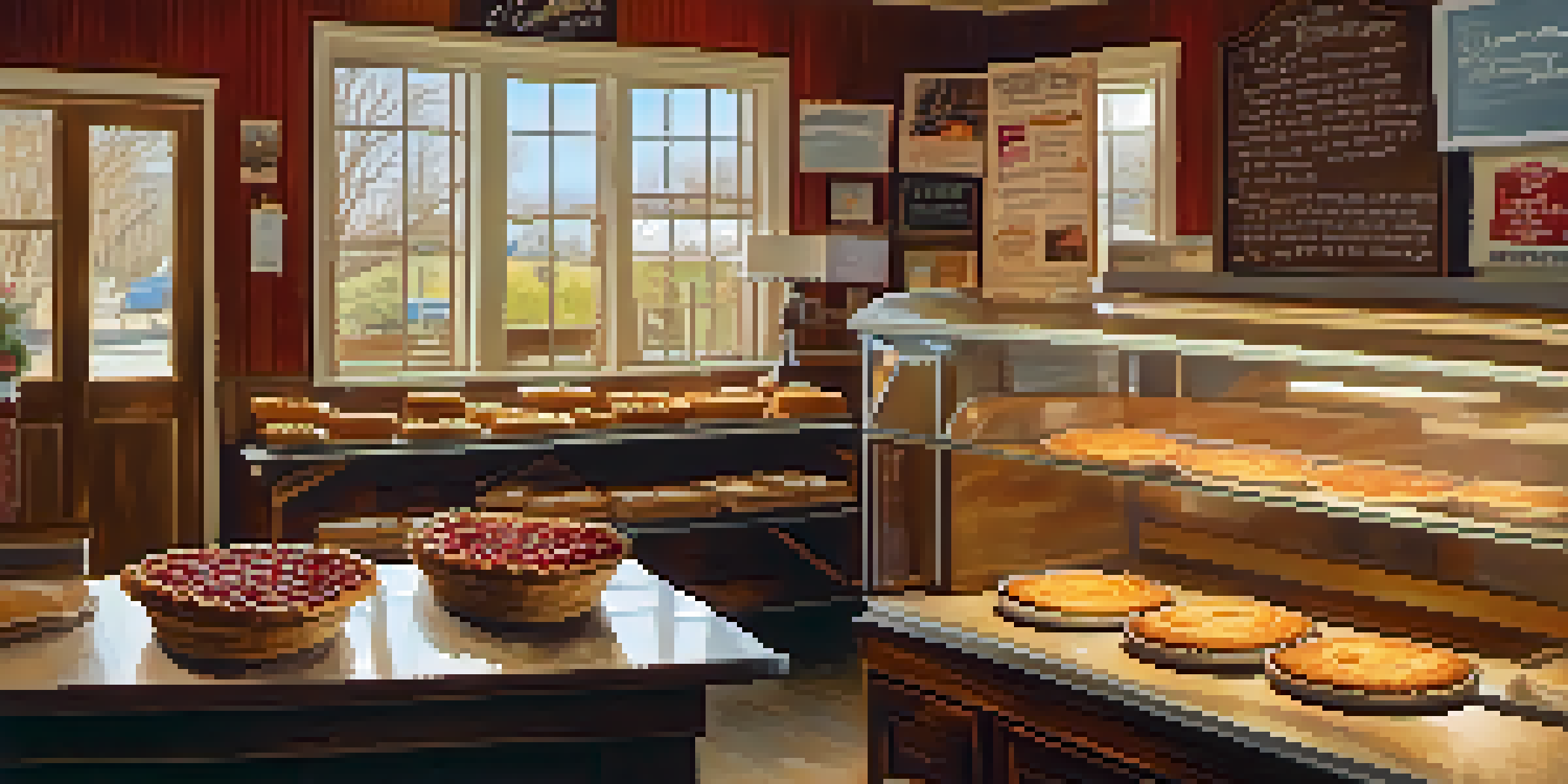A warm and inviting interior of a pie shop with cherry pies on display, wooden decor, and family photos adorning the walls.