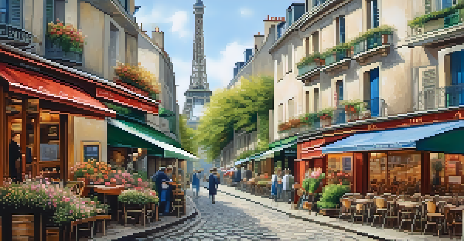 A charming Montmartre street in Paris with cafes, artists, and the Eiffel Tower in the background.