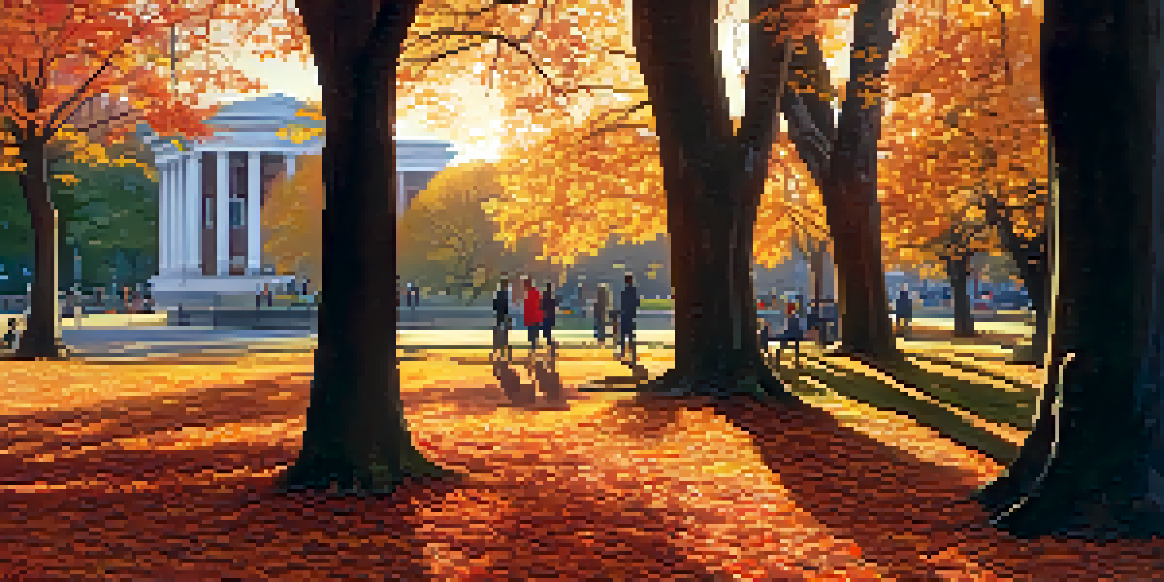 A scenic view of Boston Common in autumn, showcasing colorful foliage and historical statues with people walking in the park.