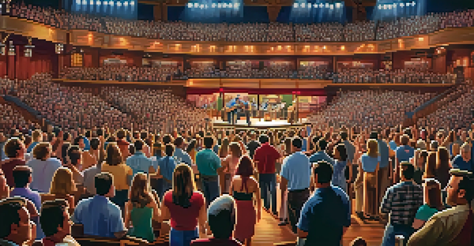 A packed Grand Ole Opry House during a live performance, with an energetic audience and a colorful stage.