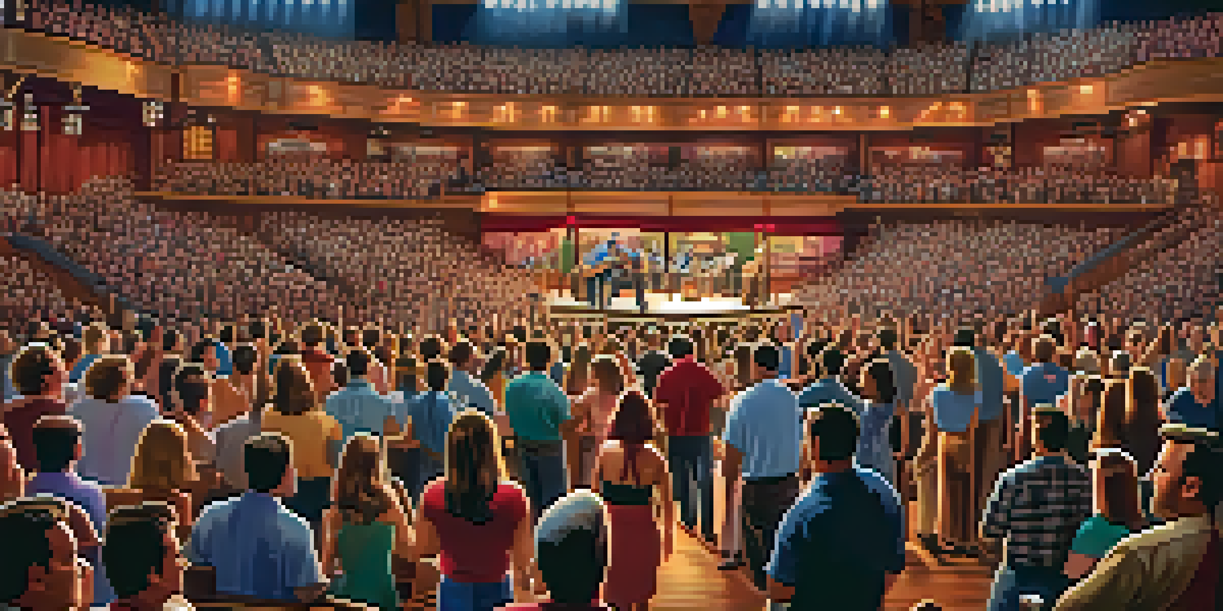 A packed Grand Ole Opry House during a live performance, with an energetic audience and a colorful stage.
