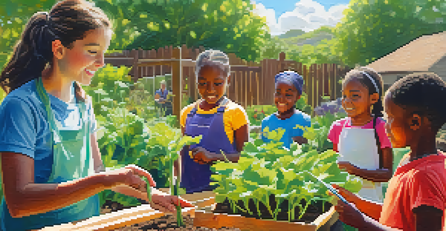 A volunteer teaching children about sustainable farming in a colorful community garden.