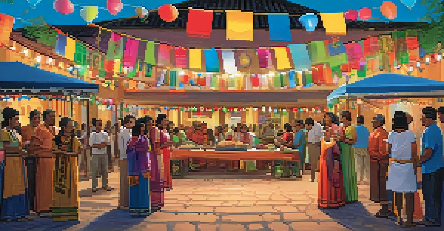 Families enjoying a cultural heritage festival at a community center, with traditional foods and crafts displayed.
