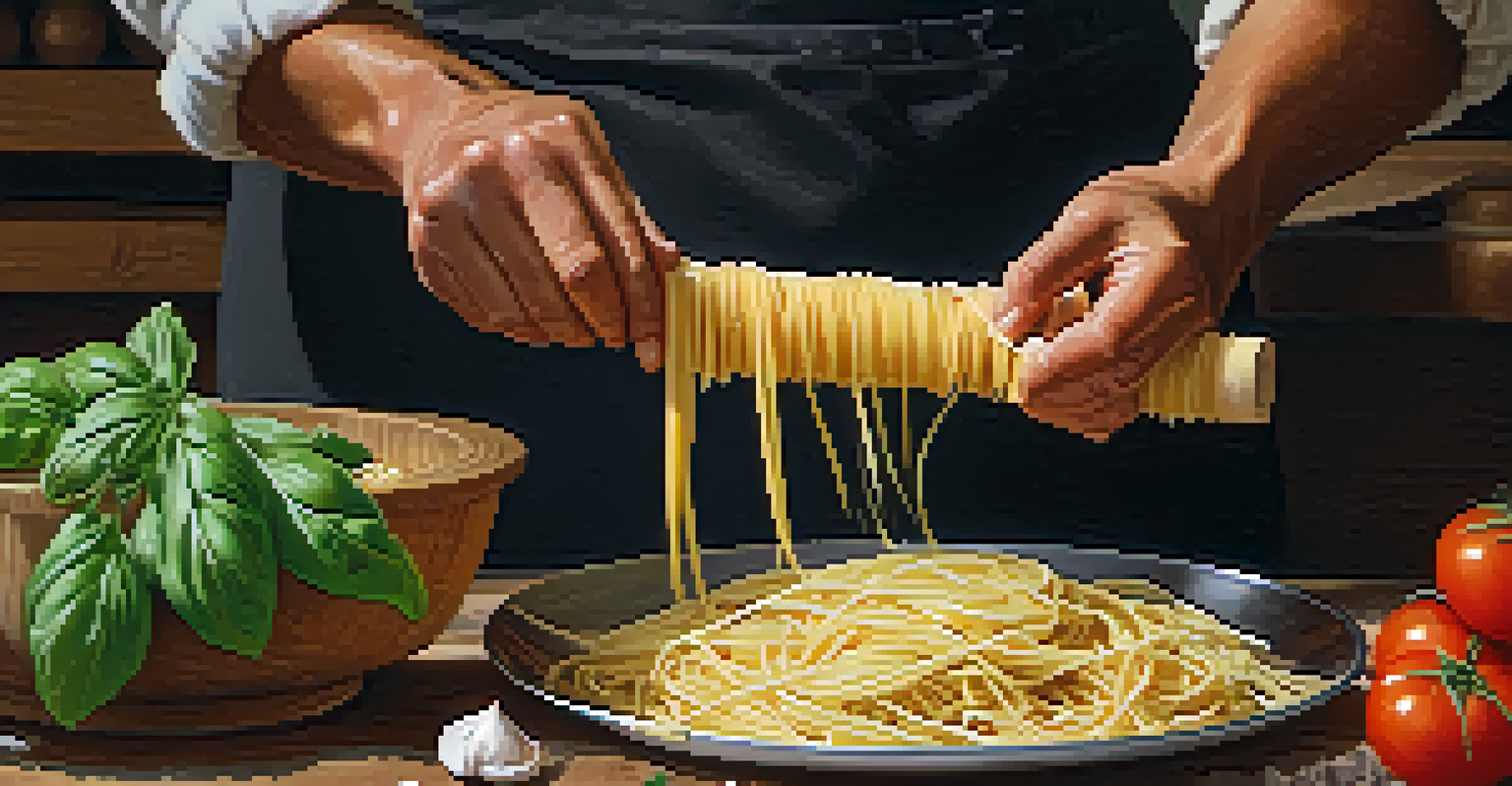 A close-up of hands making traditional pasta with fresh ingredients on a rustic table.