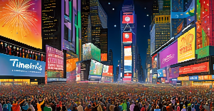 Crowd gathered in Times Square for New Year's Eve celebration, with fireworks and the ball drop.