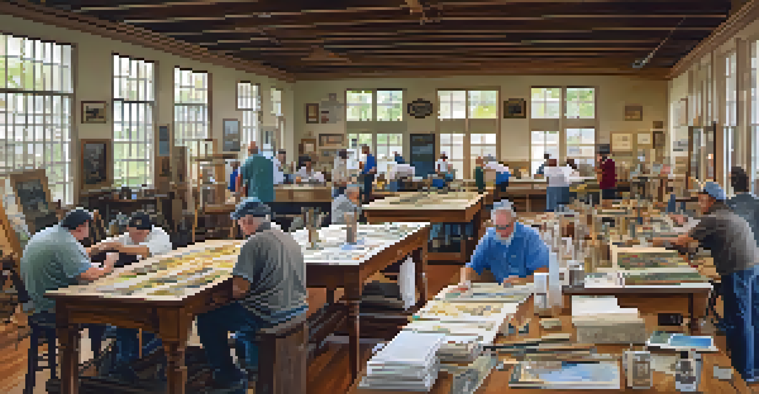 A community workshop in a historic district with residents participating in preservation activities, surrounded by tools and historical artifacts.