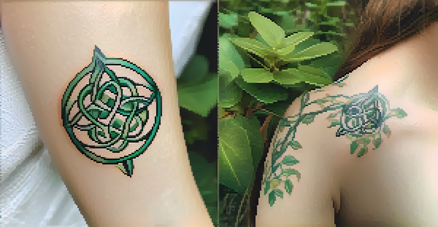 A Celtic knot tattoo on a forearm, surrounded by a natural outdoor setting with sunlight.