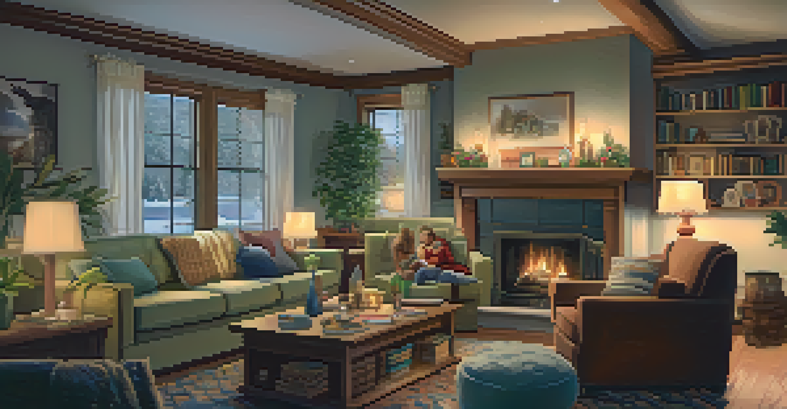 A family gathered in a living room around a fireplace, sharing stories and playing games.