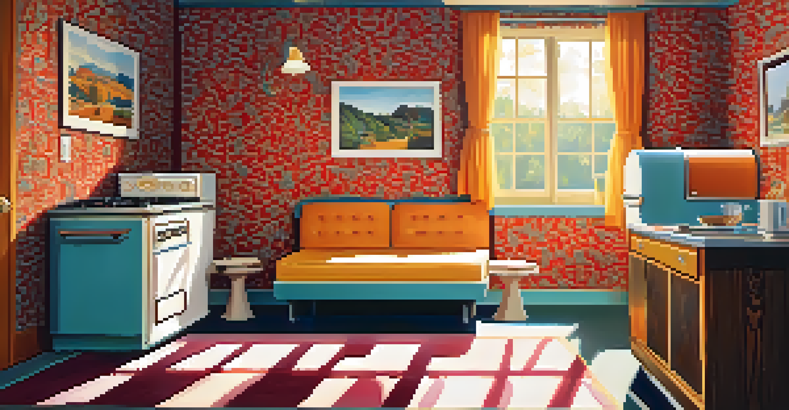 A retro motel room with vintage furniture, bold wallpaper, and sunlight streaming through a window.
