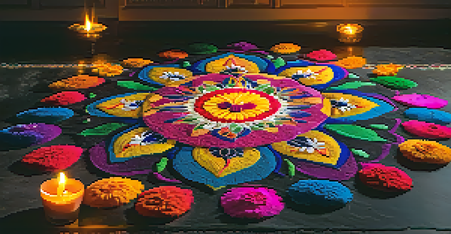 A close-up of a colorful rangoli design at the entrance of a home, surrounded by glowing diyas.