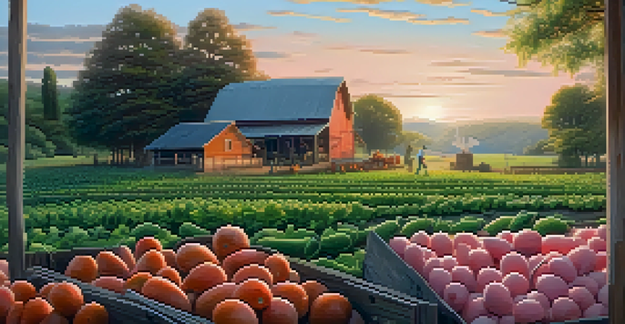 A beautiful farm at sunrise with a wooden cabin, a farmer in a vegetable garden, and chickens in the foreground.