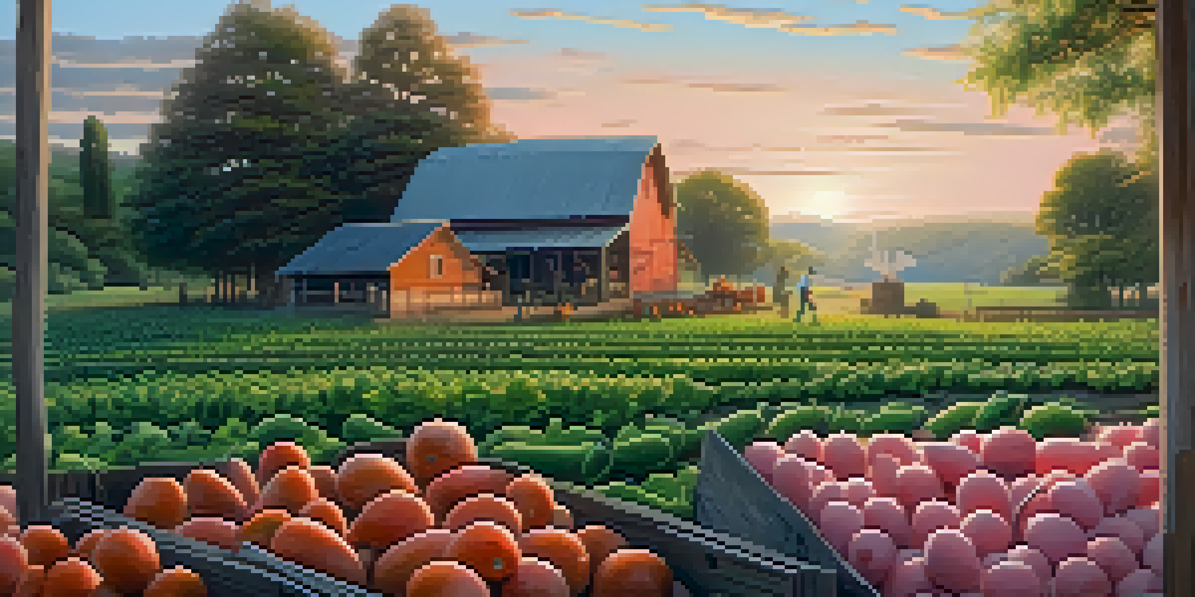 A beautiful farm at sunrise with a wooden cabin, a farmer in a vegetable garden, and chickens in the foreground.