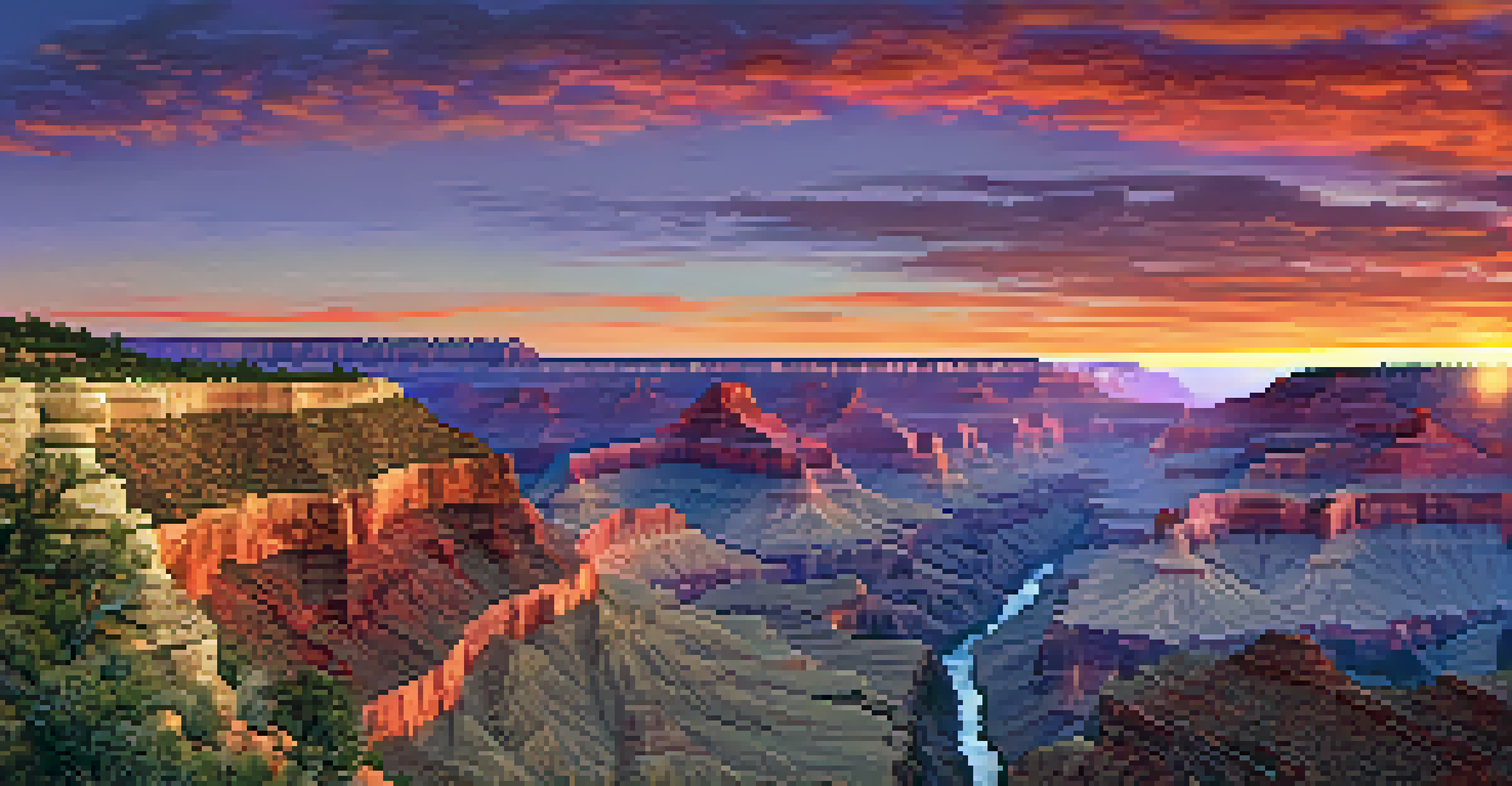 A sunset view of the Grand Canyon with colorful rock formations and a historic train in the distance.