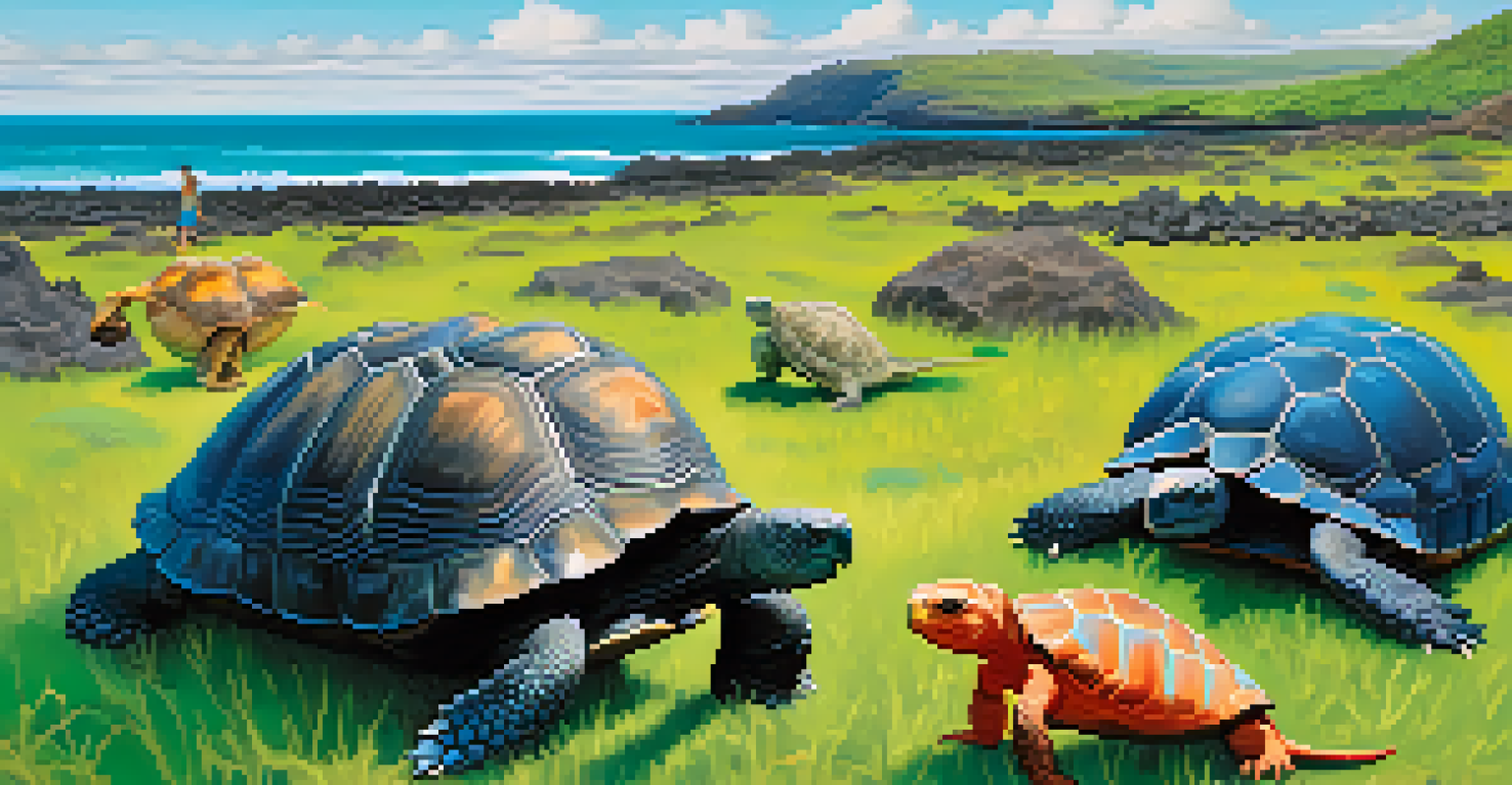Galápagos Islands landscape with a giant tortoise and marine iguanas on the shore.