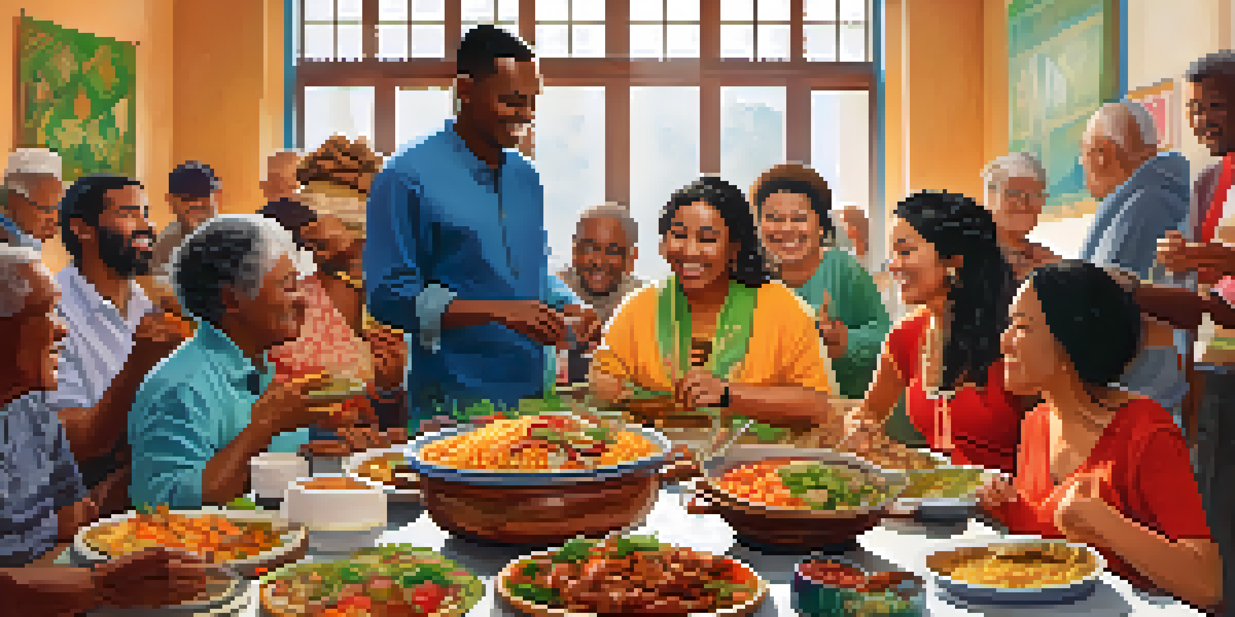 A community potluck with diverse individuals sharing traditional dishes, surrounded by colorful food and lively conversation.