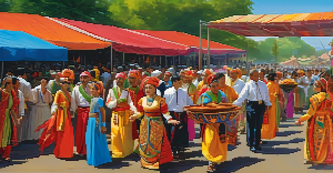 A lively festival displaying people in traditional clothing from different cultures, with colorful food stalls and performers in the background.