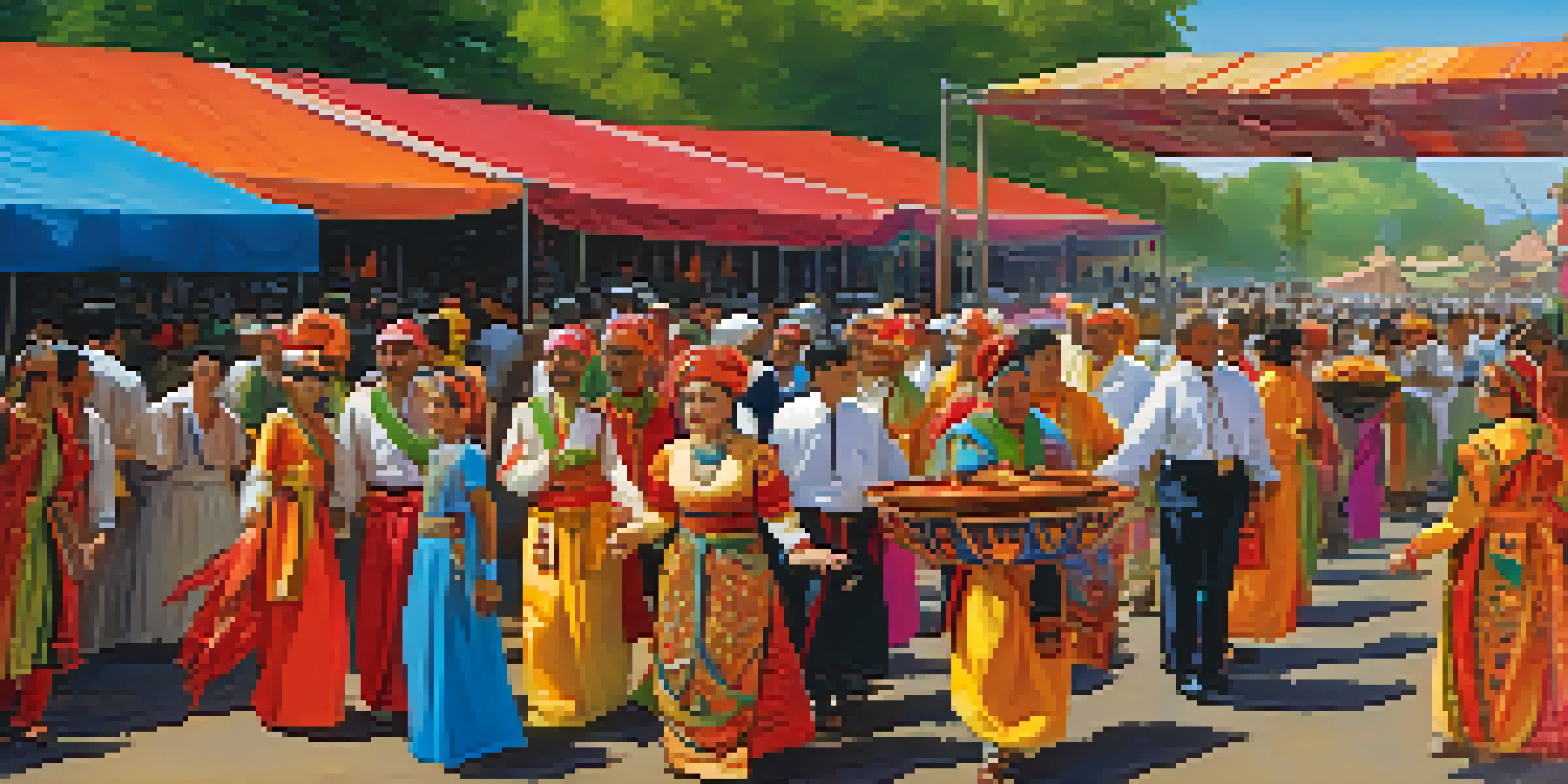 A lively festival displaying people in traditional clothing from different cultures, with colorful food stalls and performers in the background.