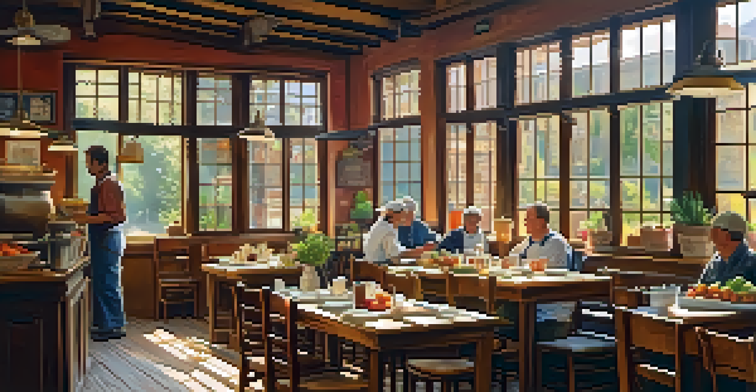 A local café with a chef cooking traditional dishes, featuring rustic decor and warm lighting.