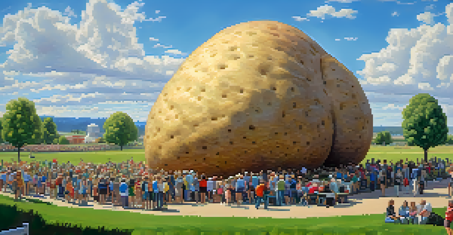A large potato sculpture in a grassy field with people taking photos, set against a clear blue sky and blooming flowers.