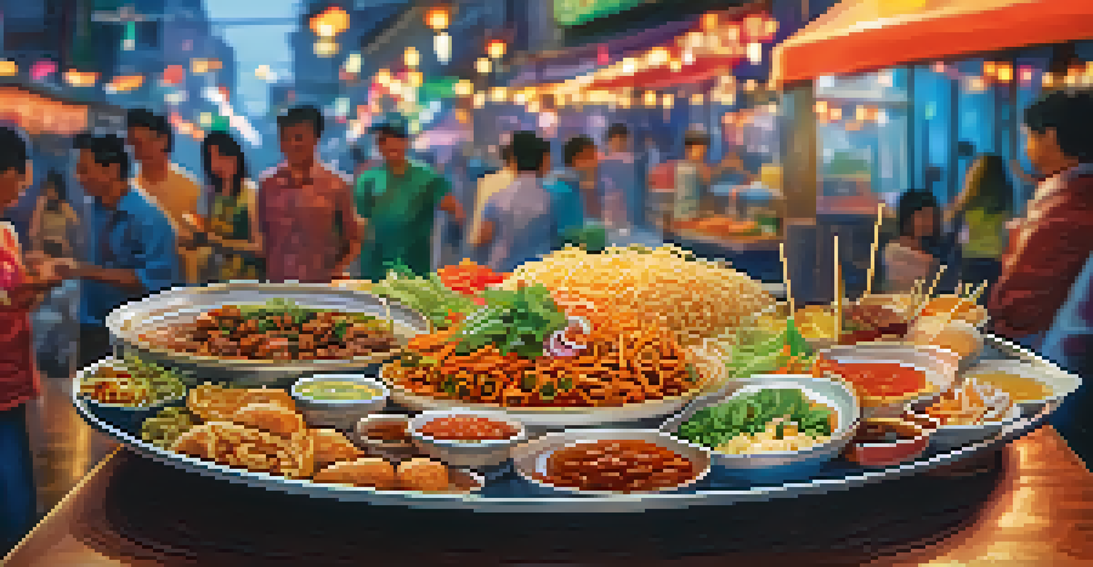 A close-up of a traditional Southeast Asian street food dish, with vibrant colors and garnishes, set against a festive background.