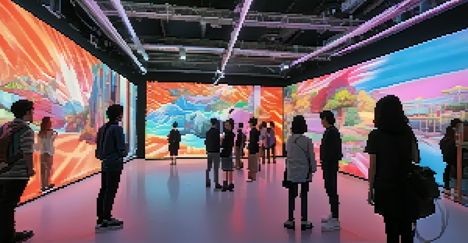 Visitors interacting with an immersive photography installation in Tokyo, with digital displays and neon lights.