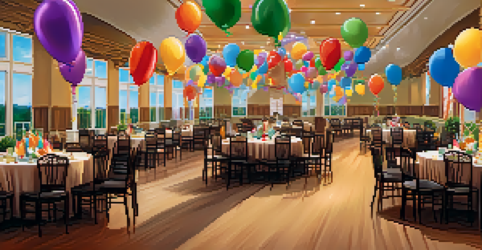An elegantly decorated banquet hall for a family reunion, showcasing tables with centerpieces and festive decorations.