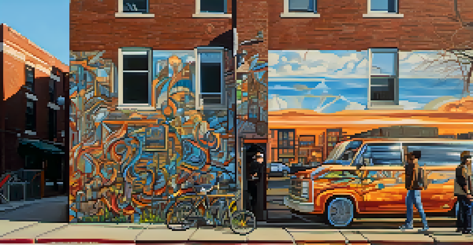 An urban street scene in Logan Square, Chicago, featuring eclectic street art on brick buildings, illuminated by warm golden hour sunlight.