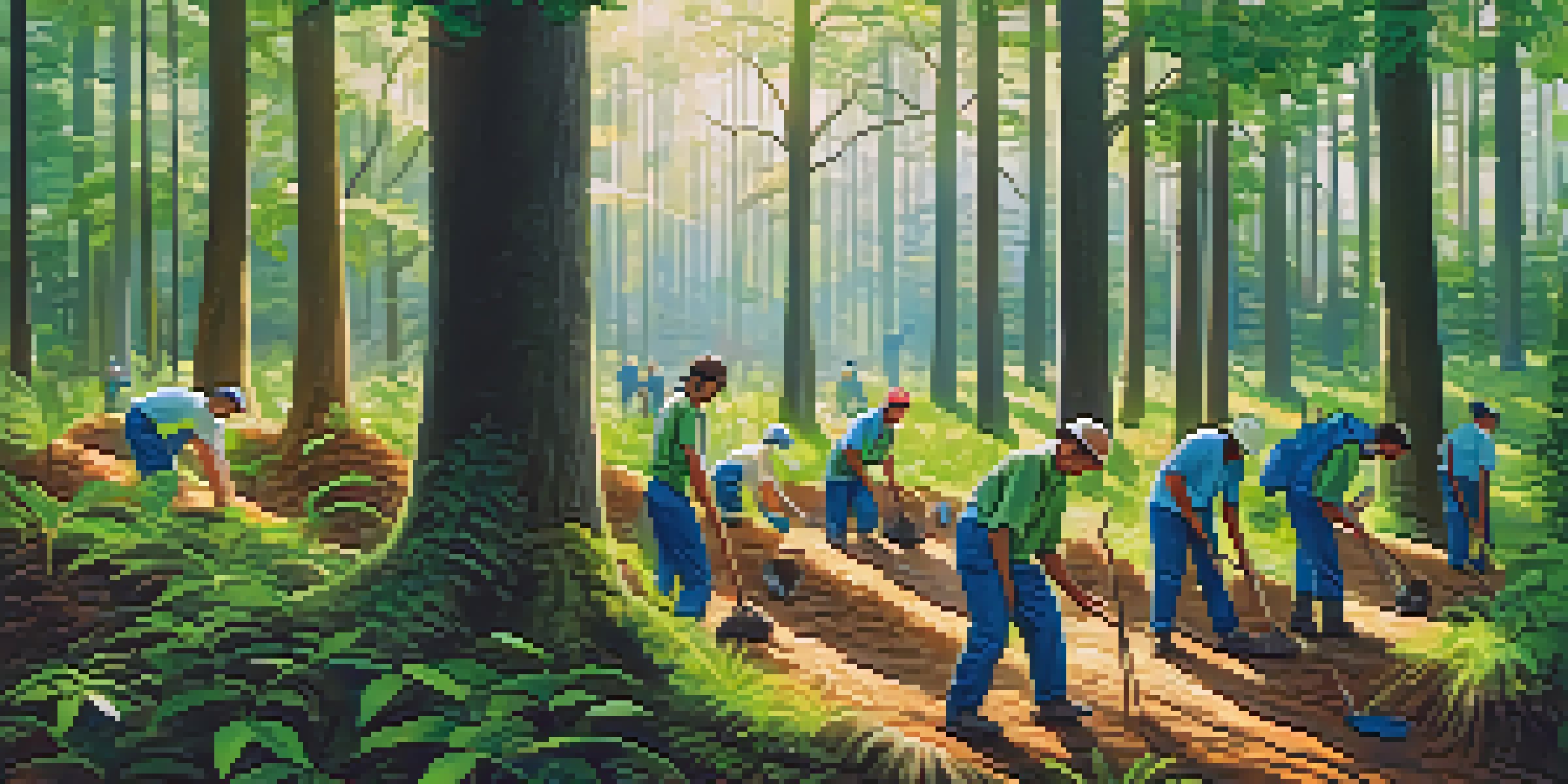 Volunteers of various ethnicities planting trees in a sunny forest, surrounded by greenery, promoting environmental conservation.