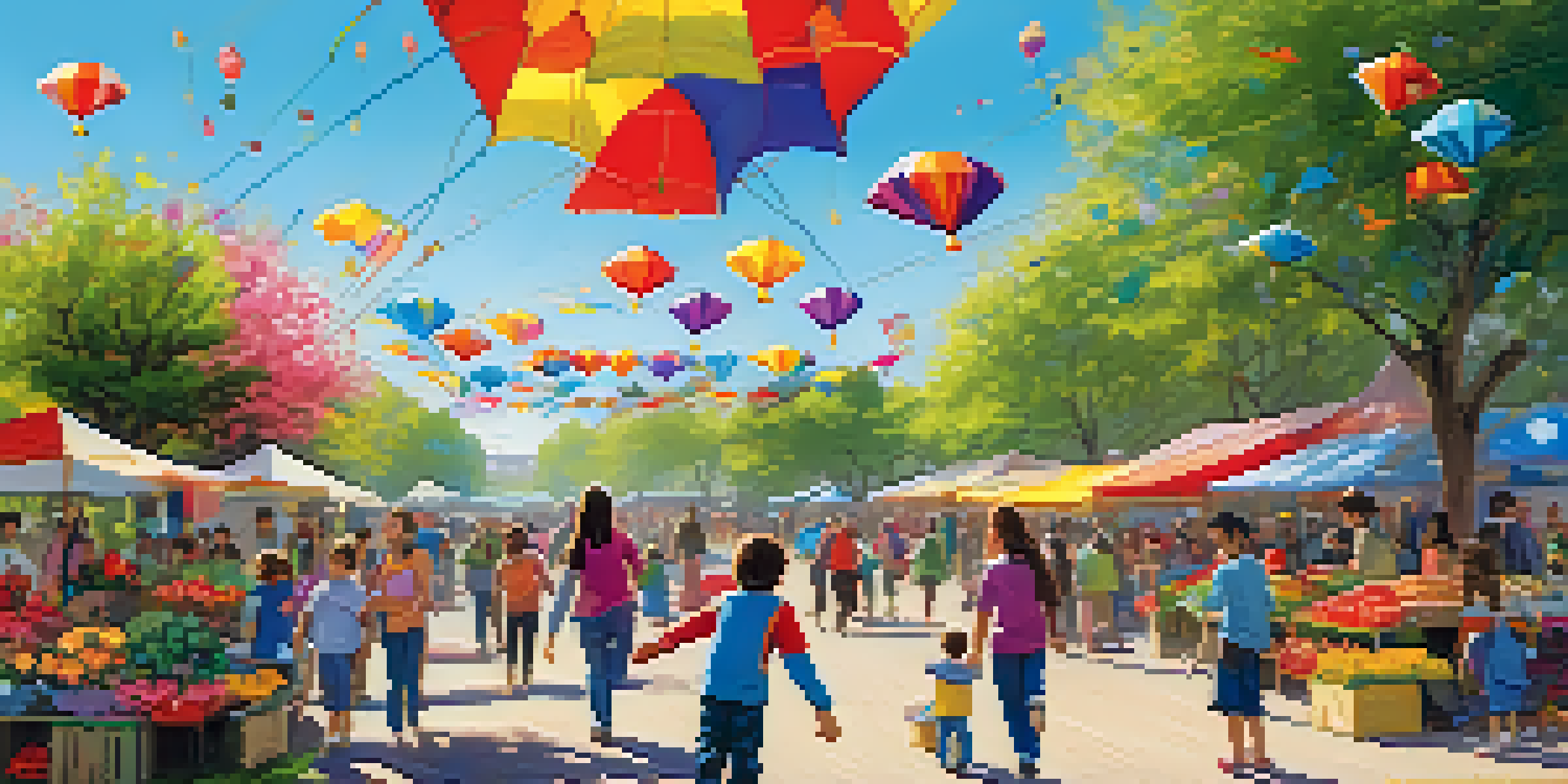 A lively spring festival with families flying kites and enjoying fresh flowers in a sunny park.