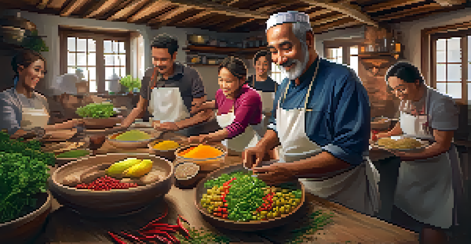 A local guide teaches tourists how to cook a traditional dish in a rustic kitchen filled with fresh ingredients and warm lighting.