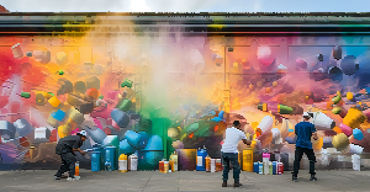 An artist painting a mural on a concrete wall, surrounded by colorful spray paint cans, bathed in golden hour light.