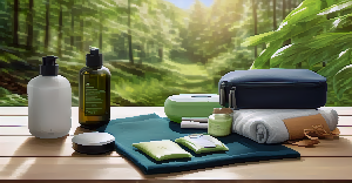 An outdoor scene with eco-friendly travel essentials like fabric pouches and biodegradable toiletries, surrounded by greenery and sunlight.