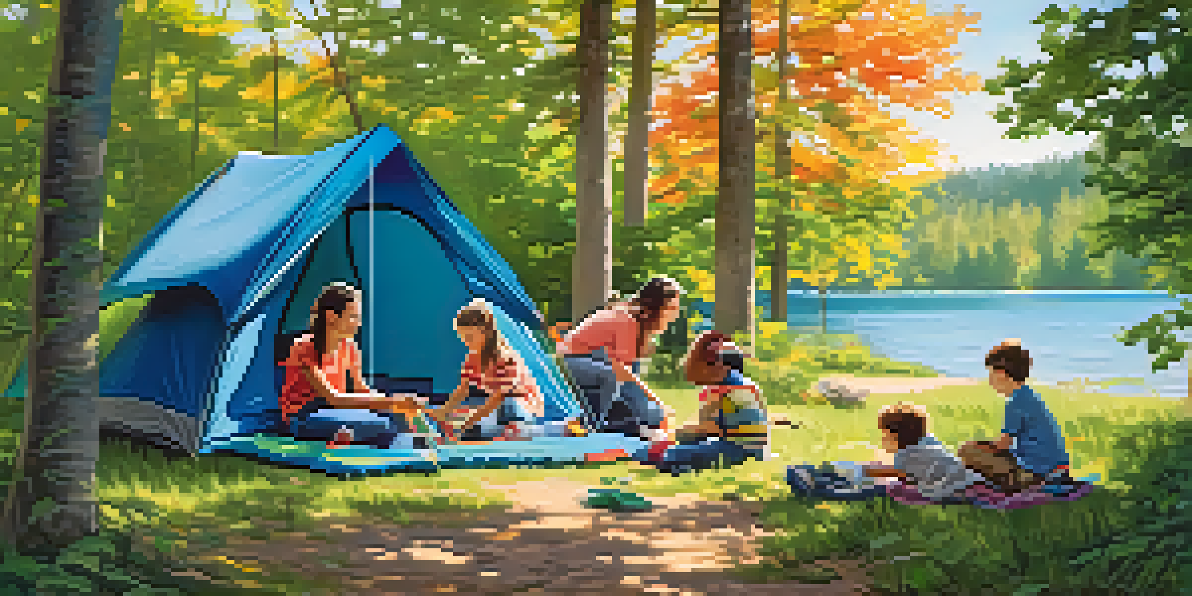 A family of four setting up a tent at a campsite with trees and a lake in the background, children assisting their parents.