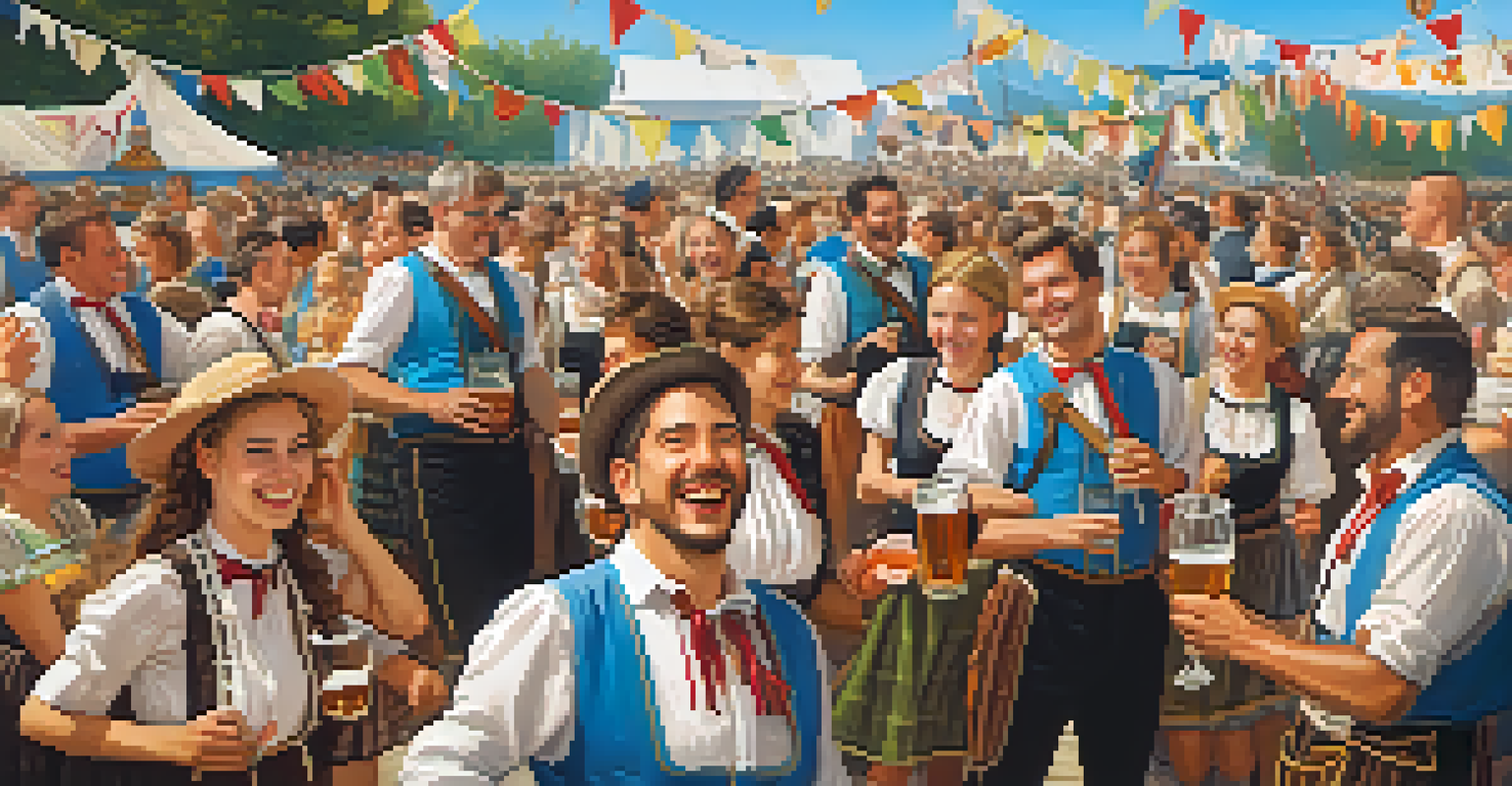 A folk band performing at an outdoor Oktoberfest with people in traditional attire dancing and celebrating in a festive setting.