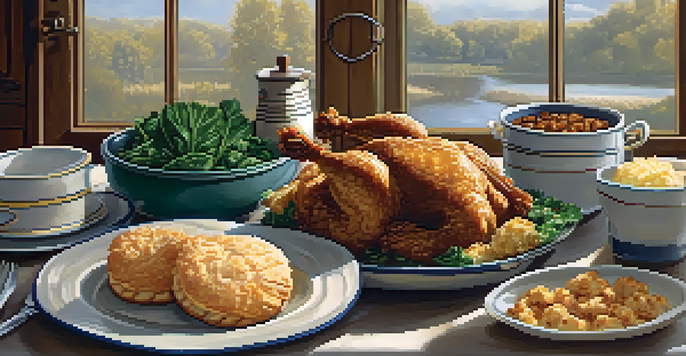 A rustic Southern kitchen table with fried chicken, grits with shrimp, biscuits, collard greens, and pecan pie, illuminated by warm sunlight.
