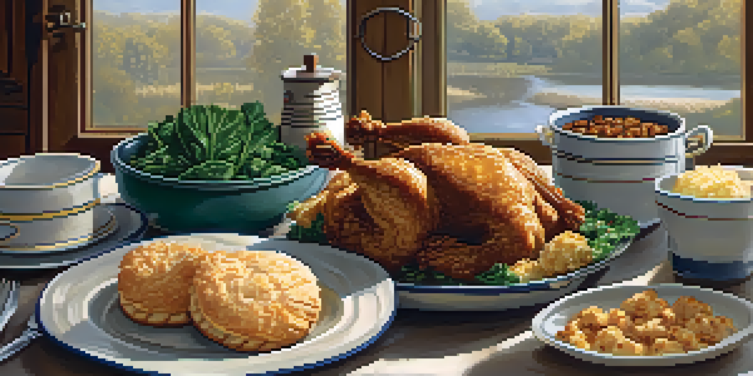 A rustic Southern kitchen table with fried chicken, grits with shrimp, biscuits, collard greens, and pecan pie, illuminated by warm sunlight.