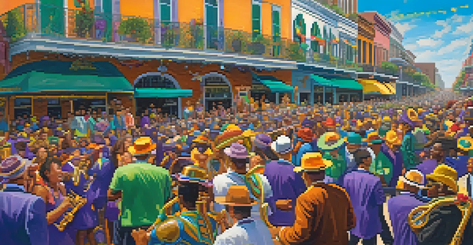 A lively Mardi Gras parade in New Orleans with colorful floats, masked revelers, and a festive atmosphere.