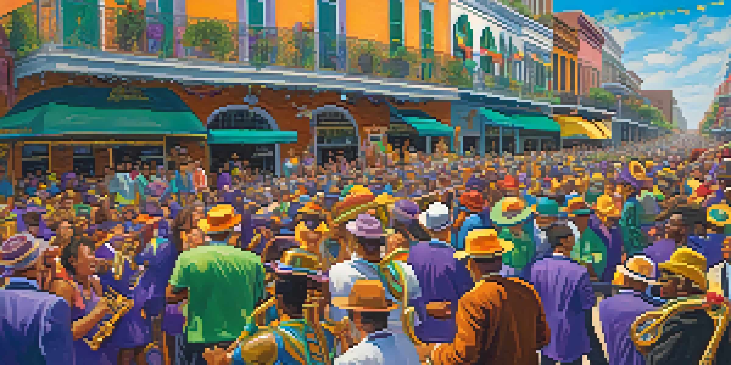 A lively Mardi Gras parade in New Orleans with colorful floats, masked revelers, and a festive atmosphere.