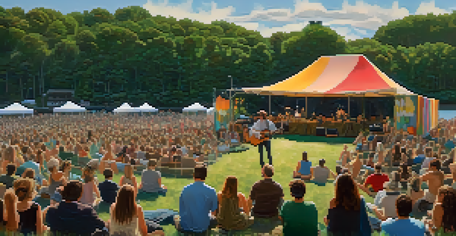 An intimate performance at Newport Folk Festival by the waterfront, with a small audience and lush greenery.