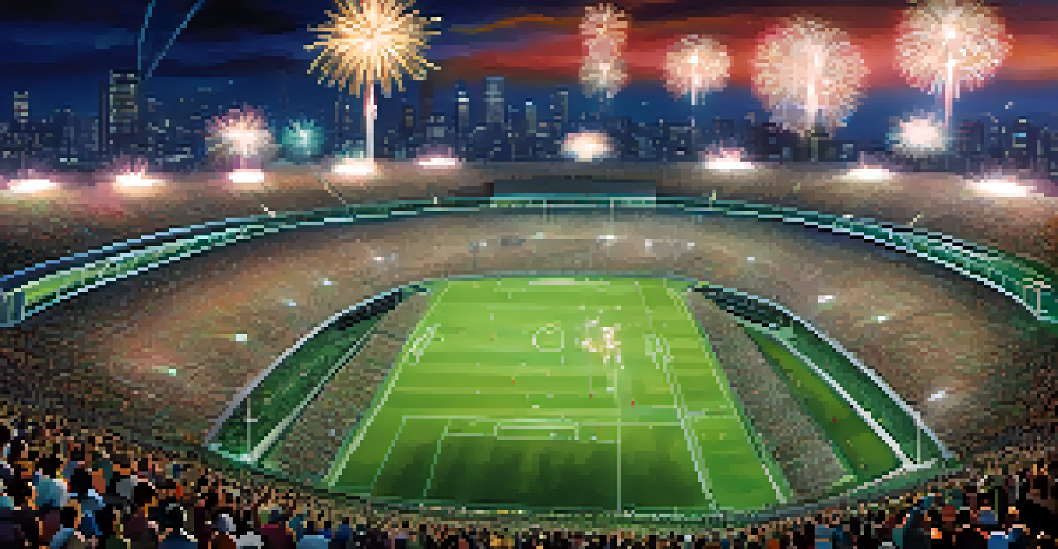Aerial view of a packed stadium at night during a football match, with bright lights and fireworks in the sky.