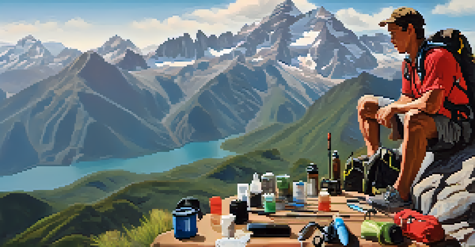 A local guide organizing hiking gear with a mountain range in the background, ready for an adventure.