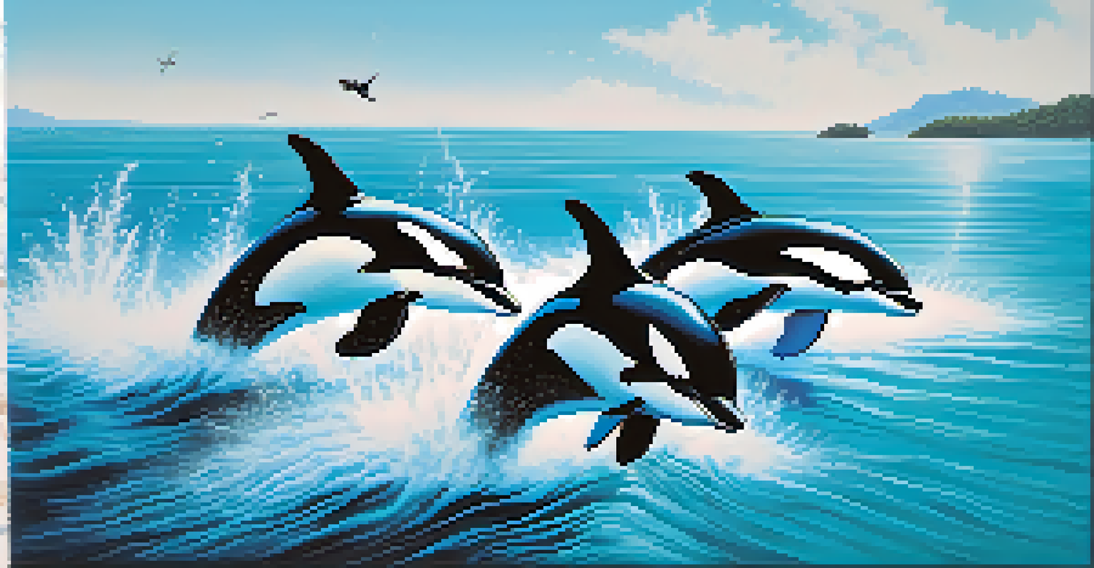 A group of orcas leaping out of the ocean, with a bright blue sky and water splashes around them.