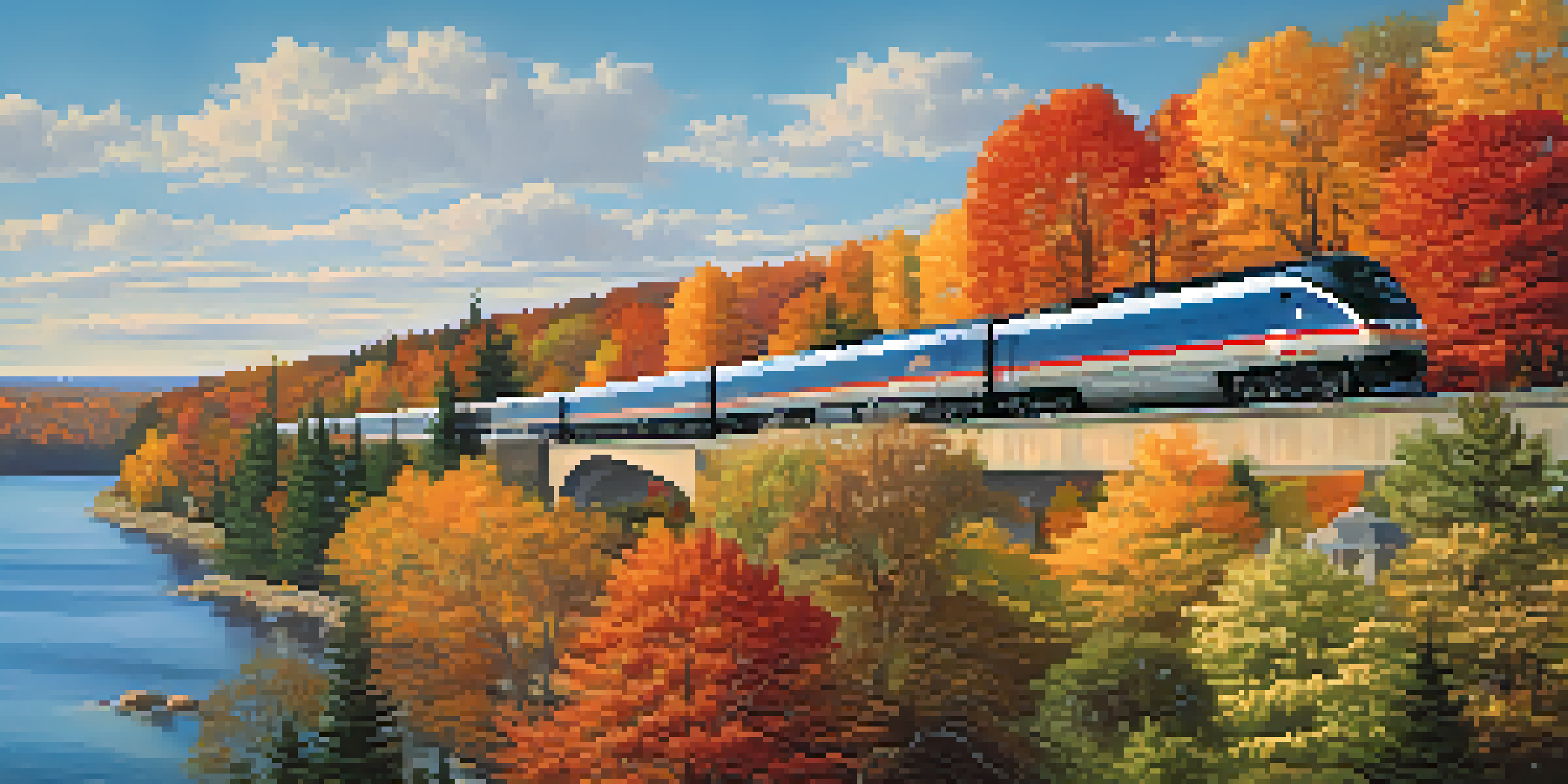 A train traveling through colorful autumn landscapes with trees in red, orange, and gold, alongside a lake.