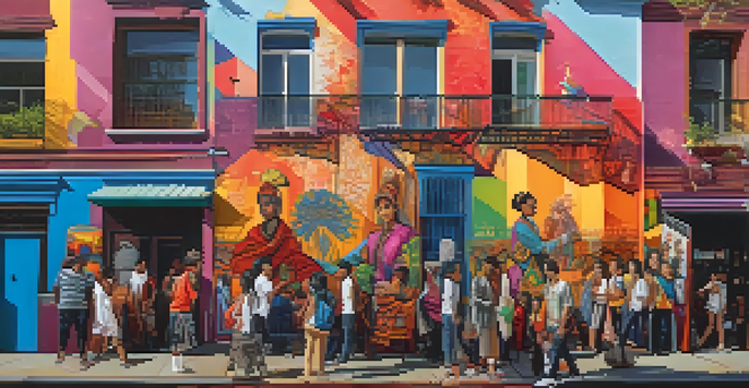 A colorful street art mural reflecting diverse cultures, with people observing the artwork in an urban environment.