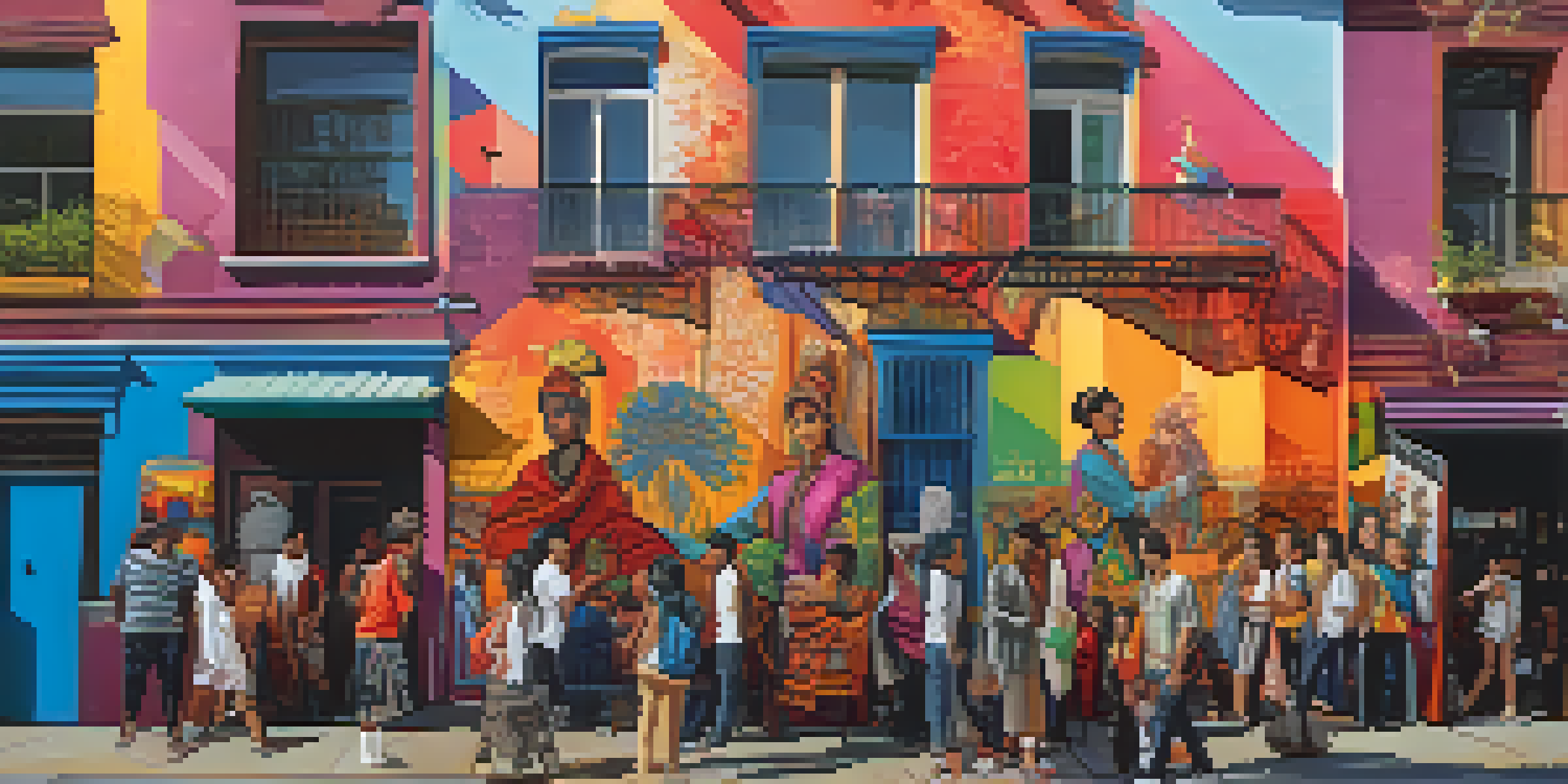 A colorful street art mural reflecting diverse cultures, with people observing the artwork in an urban environment.