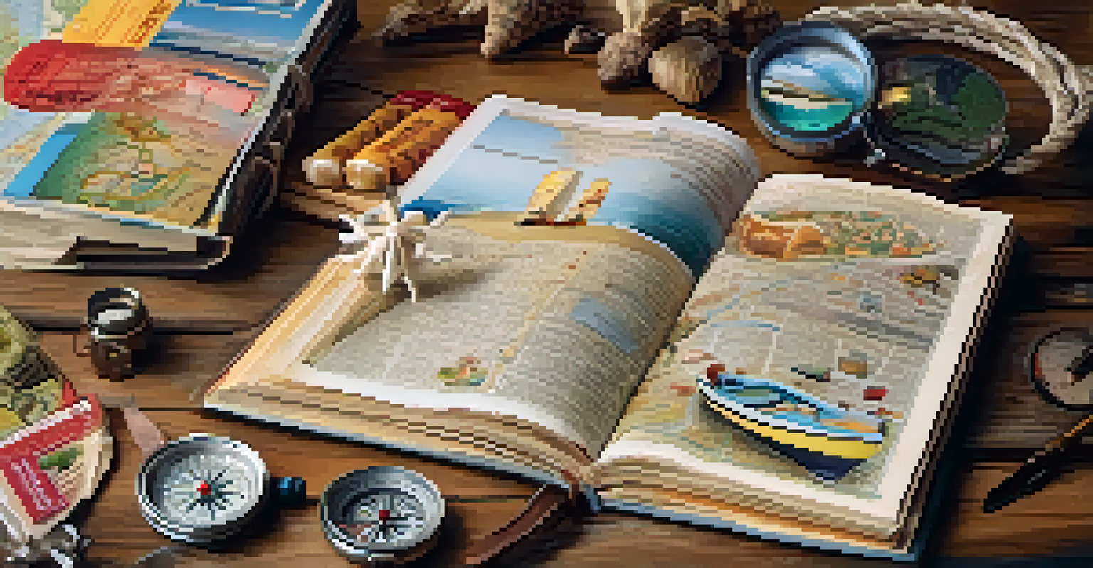 A collage of travel souvenirs including postcards, a compass, and a trinket, arranged on a rustic wooden table.