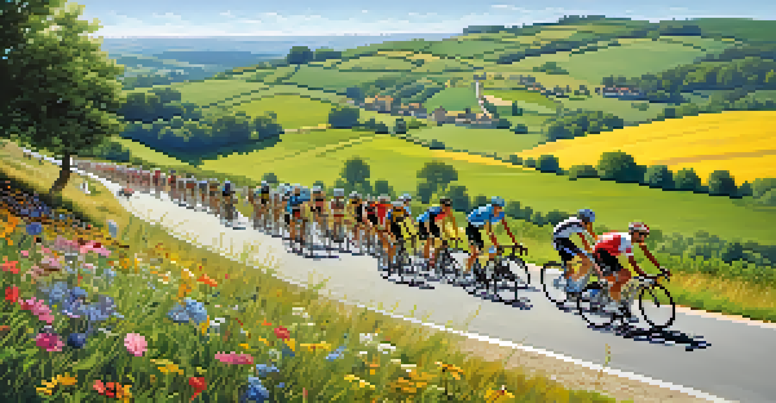 Cyclists racing in the Tour de France through a scenic countryside with cheering fans and colorful wildflowers.